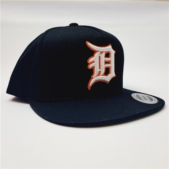 Detroit Tigers D Flat Bill Cap Hat Trucker Snapback Black Solid Baseball Gorra - Picture 5 of 5